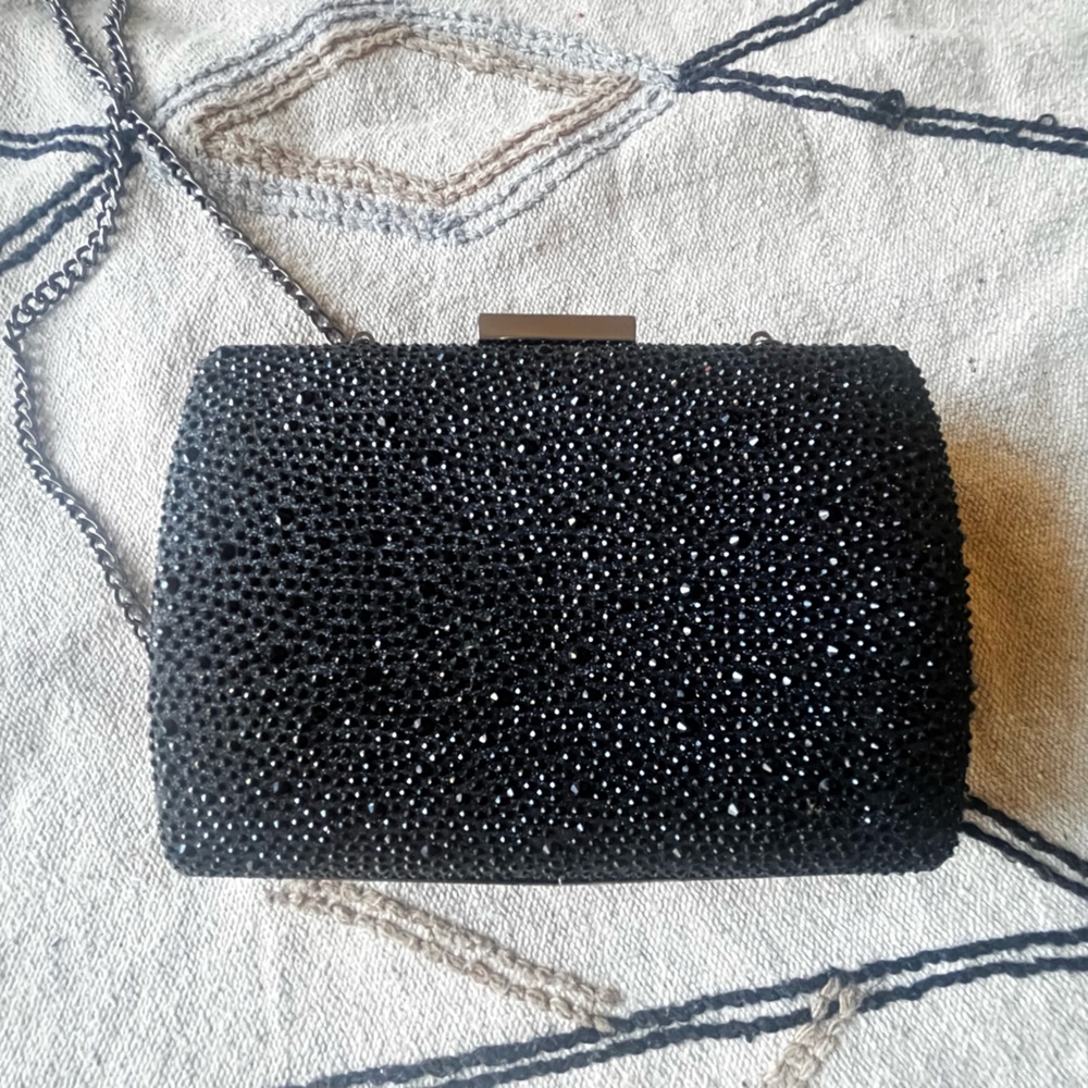 Olga Berg Gabby Metallic Hot Fix Crystal Clutch in Black